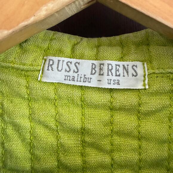 RUSS BERENS | Pea Green Quilted Linen Blend Zip Up Vest Boho Kantha Extra Small - Picture 4 of 6